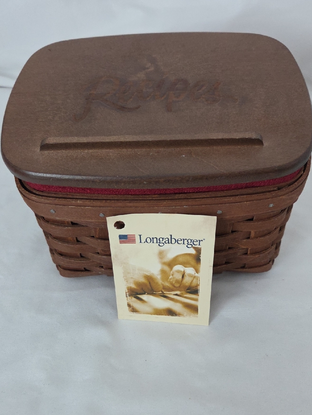 Longaberger Brown Woven Recipe/Media Basket with Red Liner, Protector and  Lid